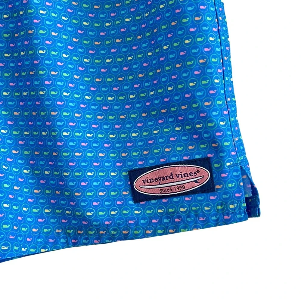 Vineyard Vines Boys Small 8 Chappy Swim Trunks Blue Micro Whale Print NWT Lined